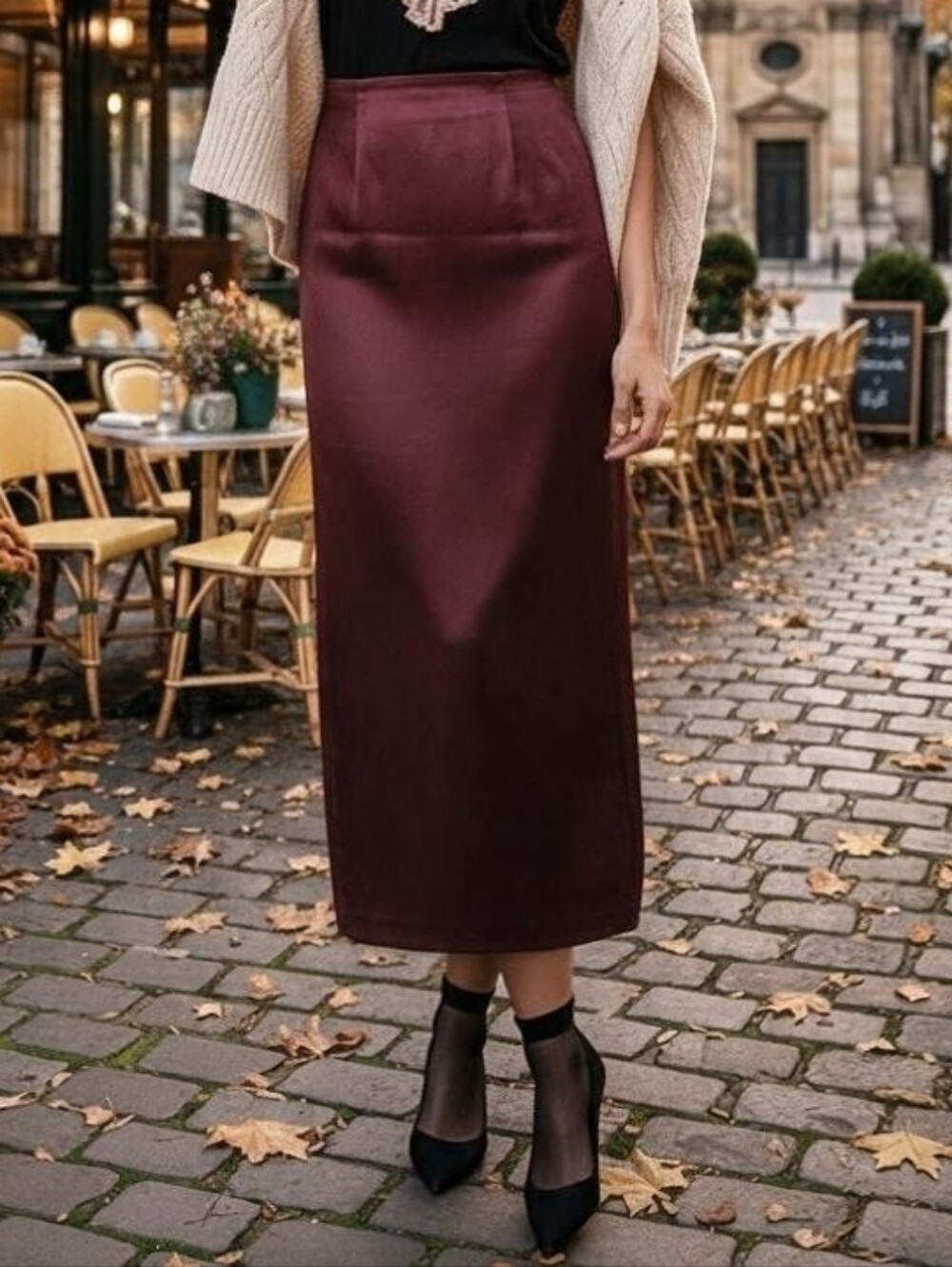 Chic Burgundy Satin Straight Retro Style Maxi Skirt with Back Slit